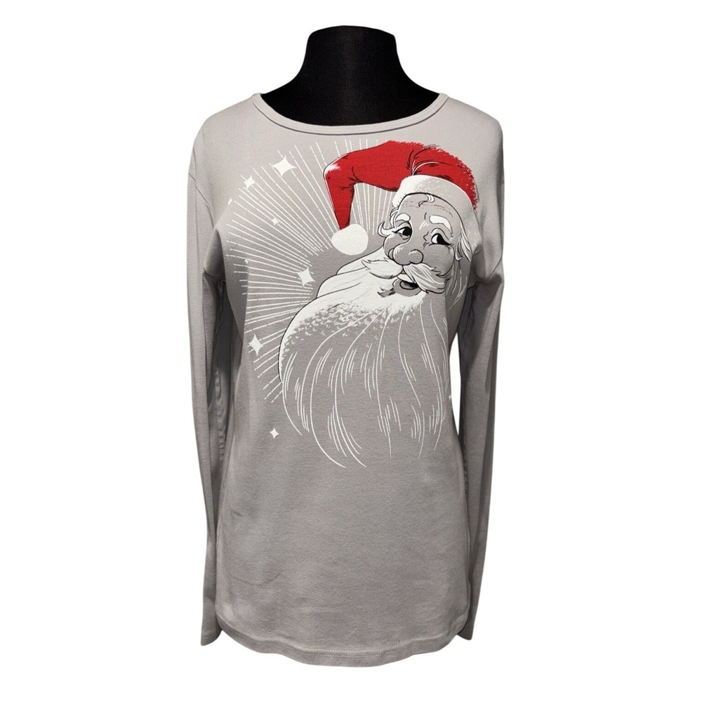 NEW Green 3 Classic Santa Long Sleeve Tee Women's Large Grey Christmas Holiday